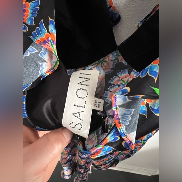 NWOT Saloni HOLLY RUFFLED FLORAL-PRINT SILK MIDI DRESS IN 1676-EBONY DRAGON, 8 - Picture 7 of 7